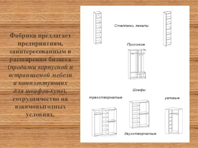 Фабрика предлагает предприятиям, заинтересованным в расширении бизнеса (продажа корпусной и встраиваемой мебели