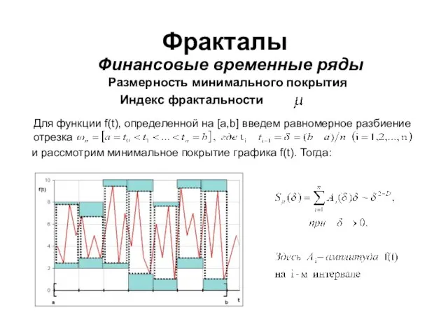 Фракталы Финансовые временные ряды Размерность минимального покрытия Индекс фрактальности Для функции f(t),