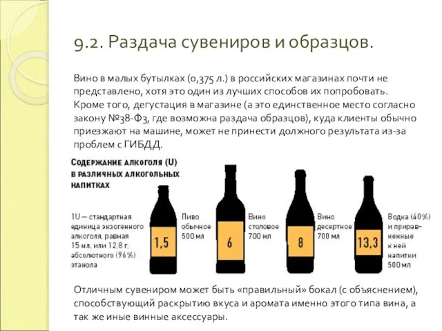 9.2. Раздача сувениров и образцов. Вино в малых бутылках (0,375 л.) в