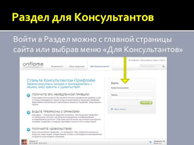 Раздел для Консультантов Войти в Раздел можно с главной страницы сайта или выбрав меню «Для Консультантов»