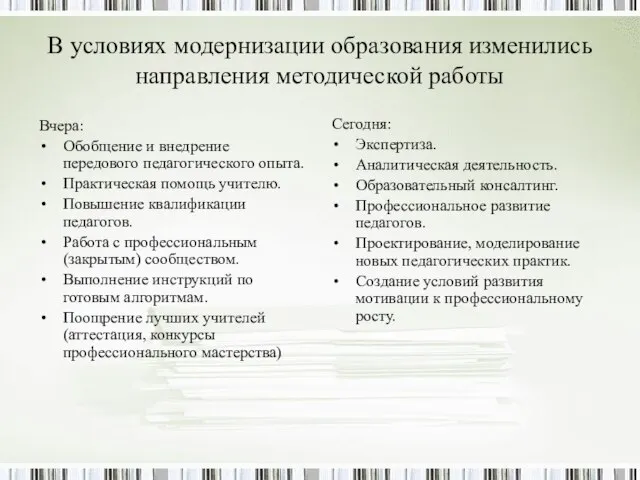 В условиях модернизации образования изменились направления методической работы Вчера: Обобщение и внедрение