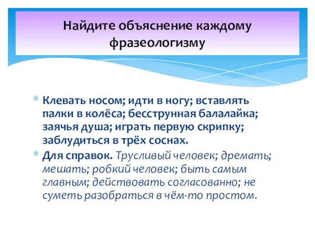 Клевать носом; идти в ногу; вставлять палки в колёса; бесструнная балалайка; заячья