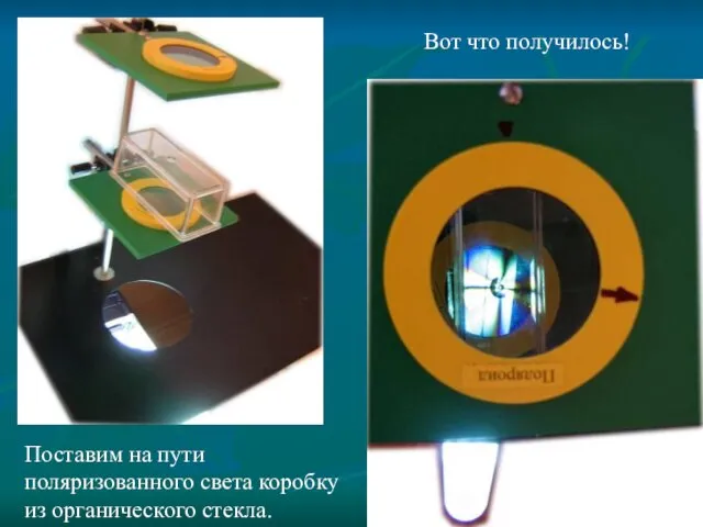 Поставим на пути поляризованного света коробку из органического стекла. Вот что получилось!