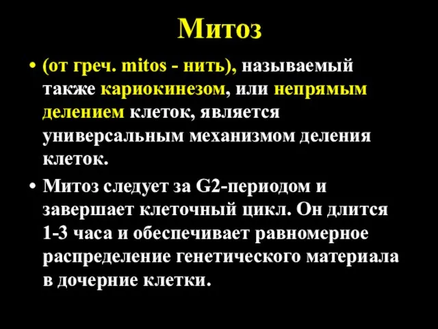 Митоз (от греч. mitos - нить), называемый также кариокинезом, или непрямым делением