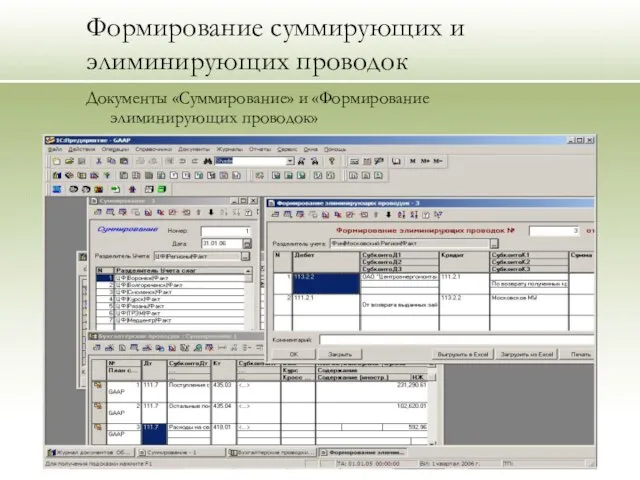 Формирование суммирующих и элиминирующих проводок Документы «Суммирование» и «Формирование элиминирующих проводок»