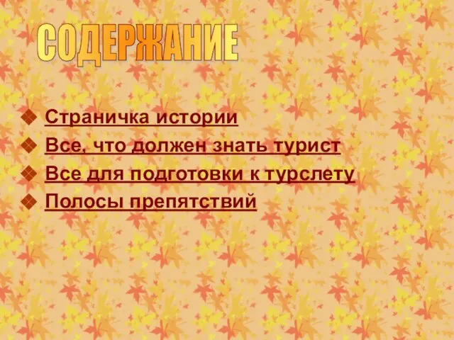 Страничка истории Все, что должен знать турист Все для подготовки к турслету Полосы препятствий СОДЕРЖАНИЕ