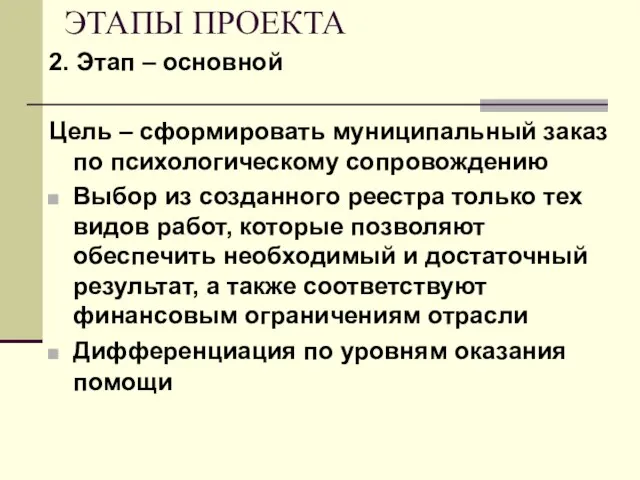 ЭТАПЫ ПРОЕКТА 2. Этап – основной Цель – сформировать муниципальный заказ по