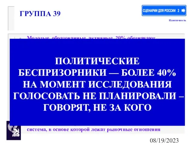 08/19/2023 ГРУППА 39 Молодые, образованные, активные, 20% обозначают нынешнее время, как свое