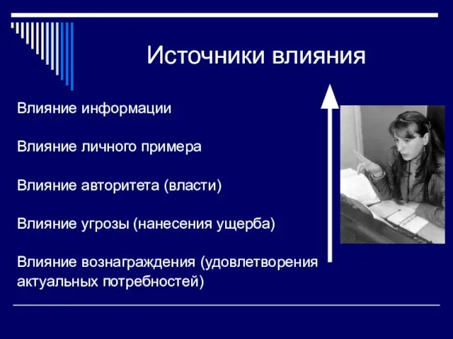 Источники влияния Влияние информации Влияние личного примера Влияние авторитета (власти) Влияние угрозы