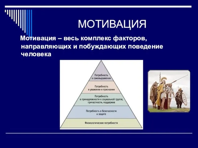 МОТИВАЦИЯ Мотивация – весь комплекс факторов, направляющих и побуждающих поведение человека