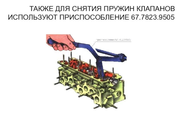 ТАКЖЕ ДЛЯ СНЯТИЯ ПРУЖИН КЛАПАНОВ ИСПОЛЬЗУЮТ ПРИСПОСОБЛЕНИЕ 67.7823.9505