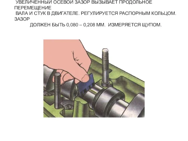 УВЕЛИЧЕННЫЙ ОСЕВОЙ ЗАЗОР ВЫЗЫВАЕТ ПРОДОЛЬНОЕ ПЕРЕМЕЩЕНИЕ ВАЛА И СТУК В ДВИГАТЕЛЕ. РЕГУЛИРУЕТСЯ