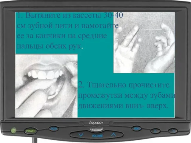 2. Тщательно прочистите промежутки между зубами движениями вниз- вверх. 1. Вытяните из