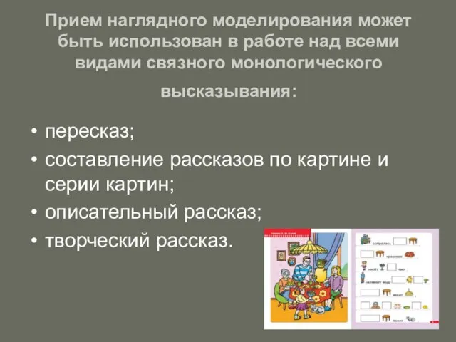 Прием наглядного моделирования может быть использован в работе над всеми видами связного