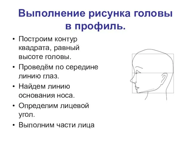 Выполнение рисунка головы в профиль. Построим контур квадрата, равный высоте головы. Проведём