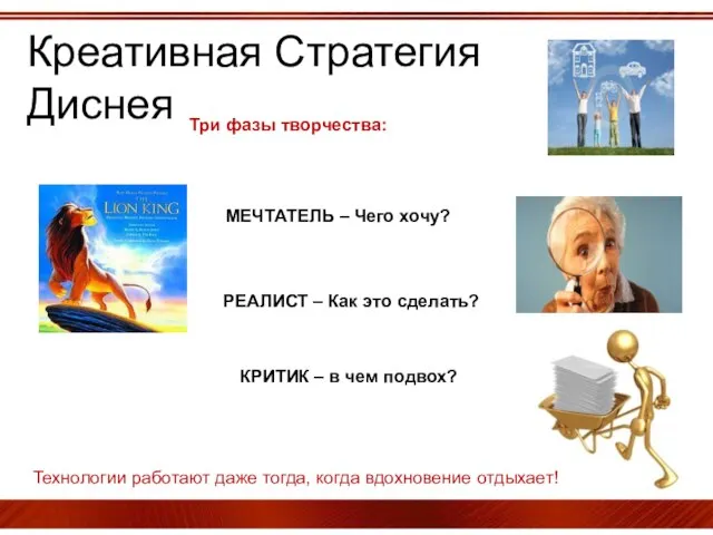 Креативная Стратегия Диснея Три фазы творчества: Технологии работают даже тогда, когда вдохновение