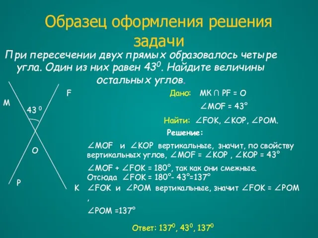 Образец оформления решения задачи При пересечении двух прямых образовалось четыре угла. Один