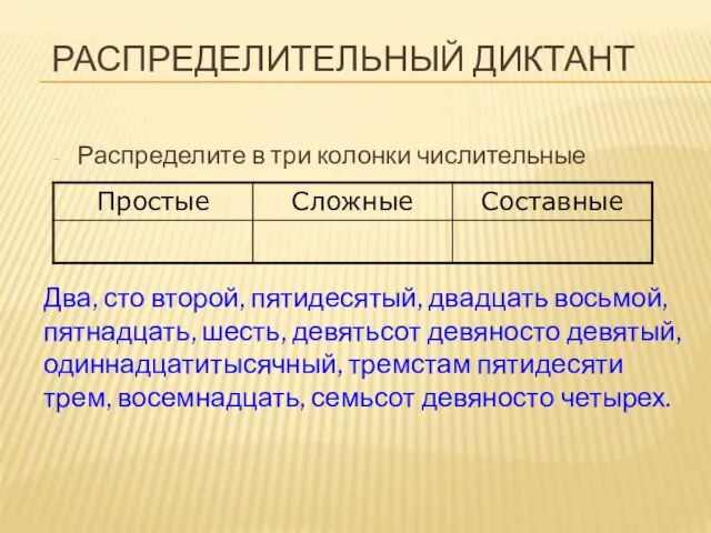 РАСПРЕДЕЛИТЕЛЬНЫЙ ДИКТАНТ Распределите в три колонки числительные Два, сто второй, пятидесятый, двадцать