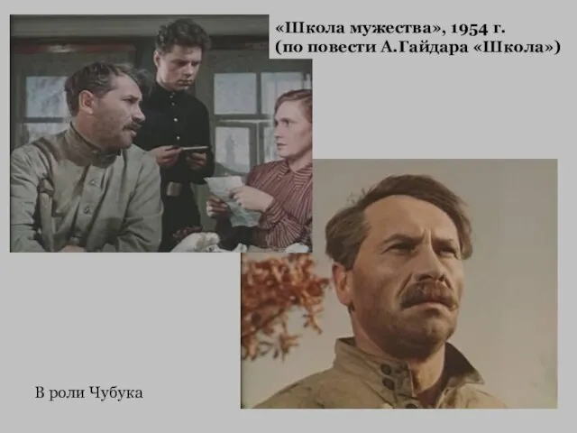 В роли Чубука «Школа мужества», 1954 г. (по повести А.Гайдара «Школа»)