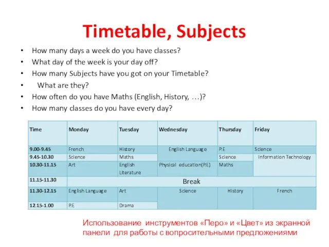 Timetable, Subjects How many days a week do you have classes? What