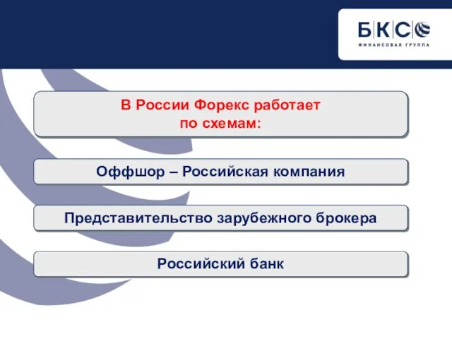 В России Форекс работает по схемам: Оффшор – Российская компания Российский банк Представительство зарубежного брокера