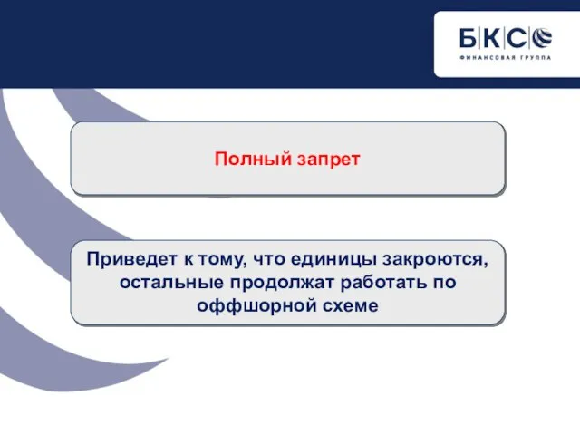 Полный запрет Приведет к тому, что единицы закроются, остальные продолжат работать по оффшорной схеме