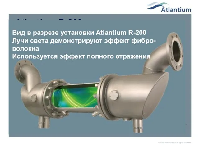 Atlantium R-200 Вид в разрезе установки Atlantium R-200 Лучи света демонстрируют эффект