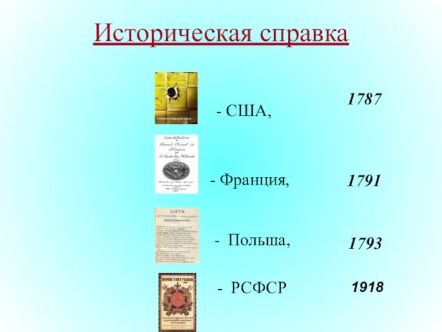 Историческая справка - США, - Франция, Польша, РСФСР 1787 1791 1793 1918