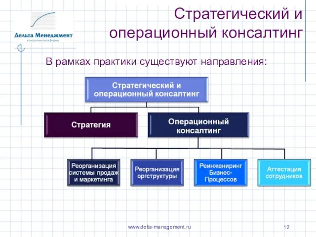 В рамках практики существуют направления: Стратегический и операционный консалтинг www.delta-management.ru