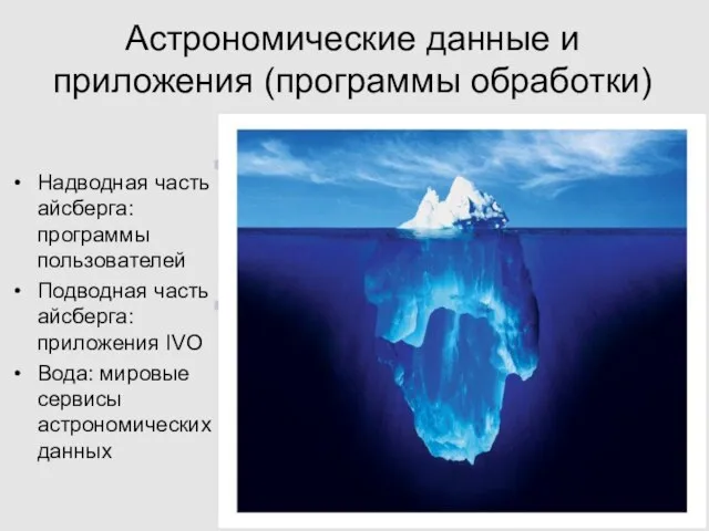 Астрономические данные и приложения (программы обработки) Надводная часть айсберга: программы пользователей Подводная