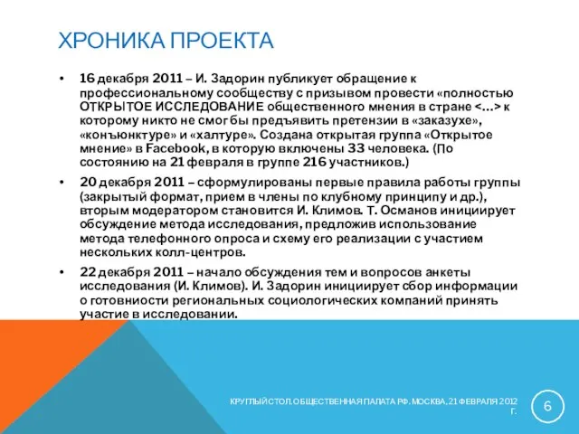 ХРОНИКА ПРОЕКТА 16 декабря 2011 – И. Задорин публикует обращение к профессиональному