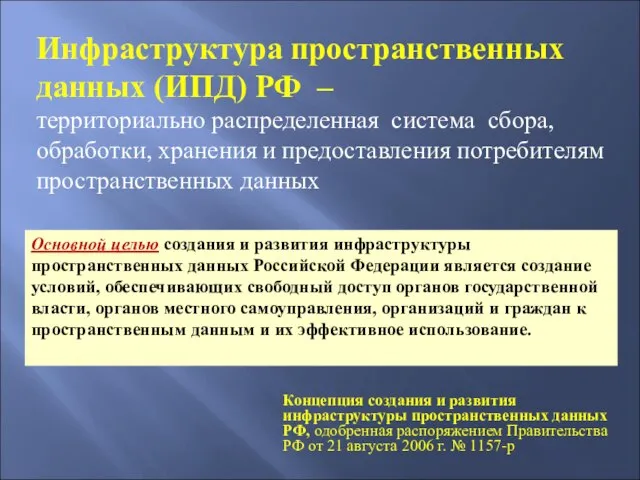 Инфраструктура пространственных данных (ИПД) РФ – территориально распределенная система сбора, обработки, хранения