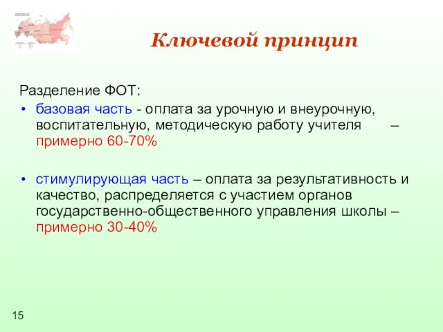 Ключевой принцип Разделение ФОТ: базовая часть - оплата за урочную и внеурочную,