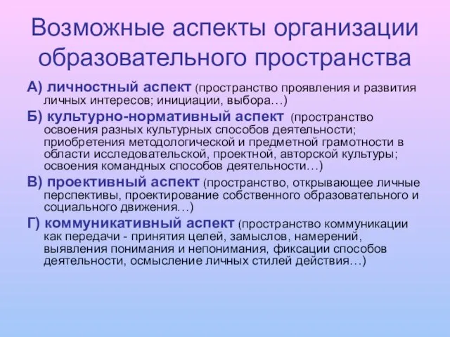 Возможные аспекты организации образовательного пространства А) личностный аспект (пространство проявления и развития