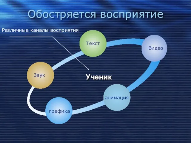 Обостряется восприятие Звук Текст Видео анимация графика Ученик Различные каналы восприятия