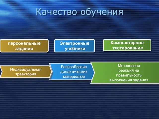 Качество обучения Разнообразие дидактических материалов Мгновенная реакция на правильность выполнения задания Индивидуальная