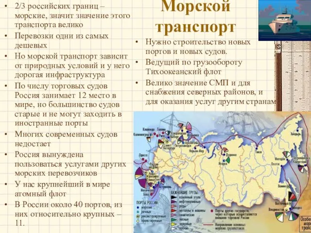 Морской транспорт 2/3 российских границ – морские, значит значение этого транспорта велико