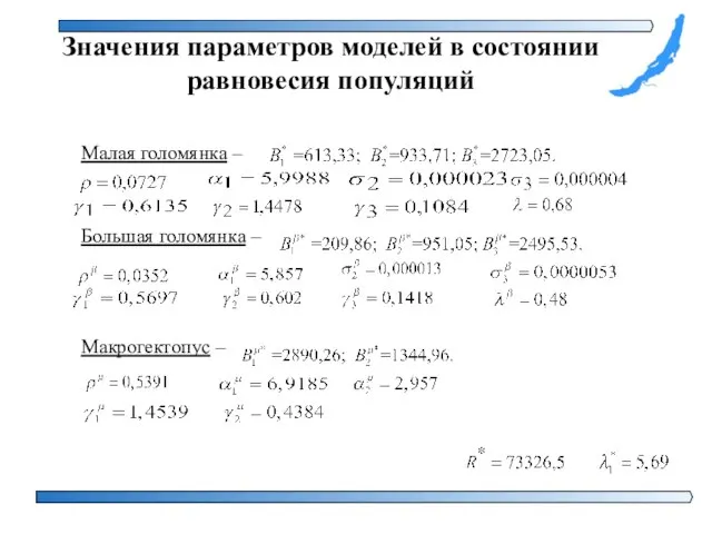 Значения параметров моделей в состоянии равновесия популяций Малая голомянка – Большая голомянка – Макрогектопус –