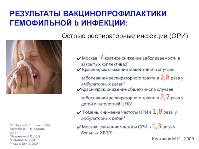 РЕЗУЛЬТАТЫ ВАКЦИНОПРОФИЛАКТИКИ ГЕМОФИЛЬНОЙ b ИНФЕКЦИИ: Острые респираторные инфекции (ОРИ) Москва: 7-кратное снижение