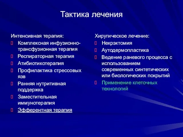 Тактика лечения Интенсивная терапия: Комплексная инфузионно-трансфузионная терапия Респираторная терапия Атибиотикотерапия Профилактика стрессовых