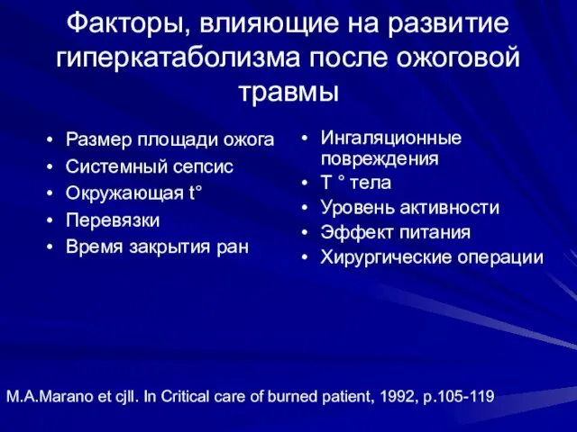 Факторы, влияющие на развитие гиперкатаболизма после ожоговой травмы Размер площади ожога Системный