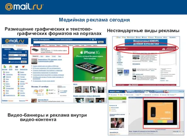 Медийная реклама сегодня Размещение графических и текстово-графических форматов на порталах Нестандартные виды