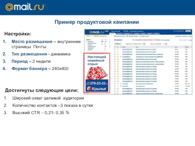 Достигнуты следующие цели: Широкий охват целевой аудитории Количество контактов - 3 показа