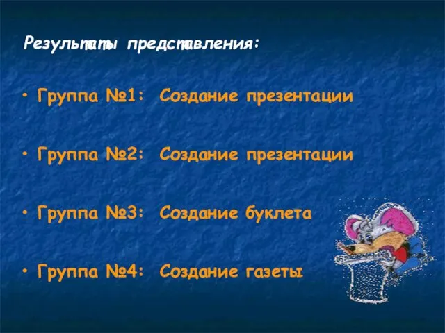 Результаты представления: Группа №1: Создание презентации Группа №2: Создание презентации Группа №3: