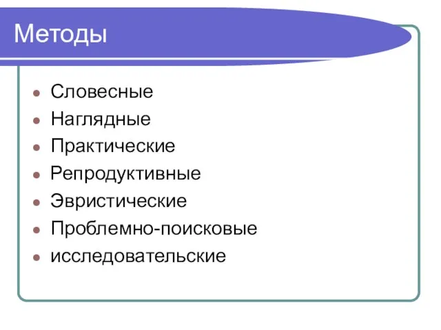 Методы Словесные Наглядные Практические Репродуктивные Эвристические Проблемно-поисковые исследовательские