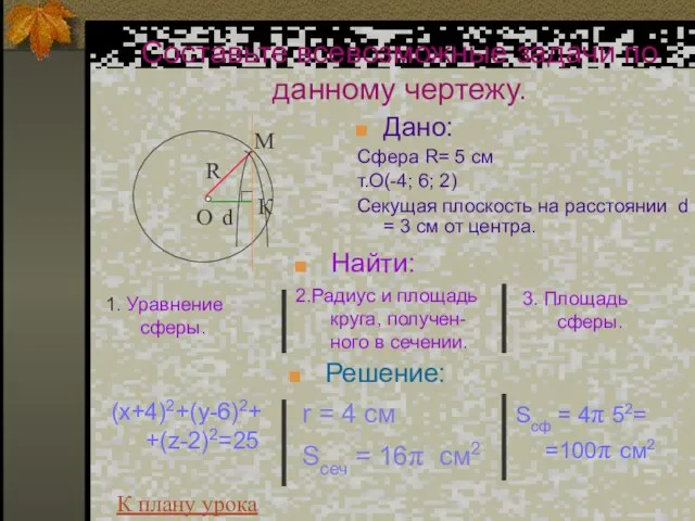 Составьте всевозможные задачи по данному чертежу. Дано: Сфера R= 5 см т.О(-4;