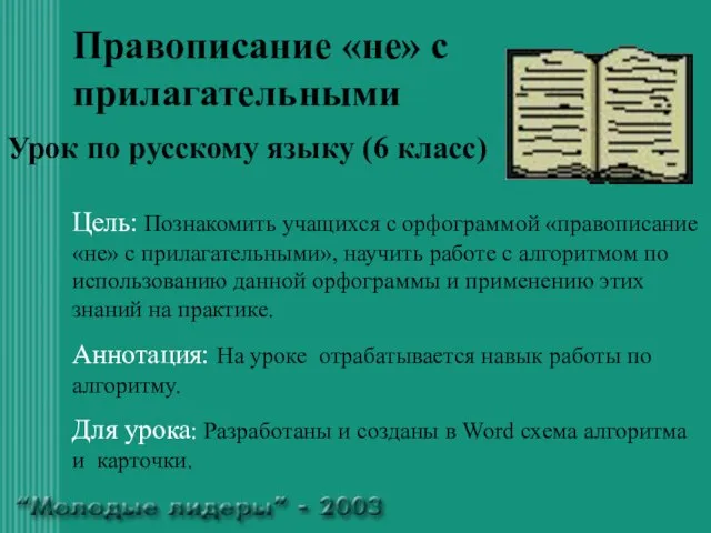 Правописание «не» с прилагательными Урок по русскому языку (6 класс) Цель: Познакомить