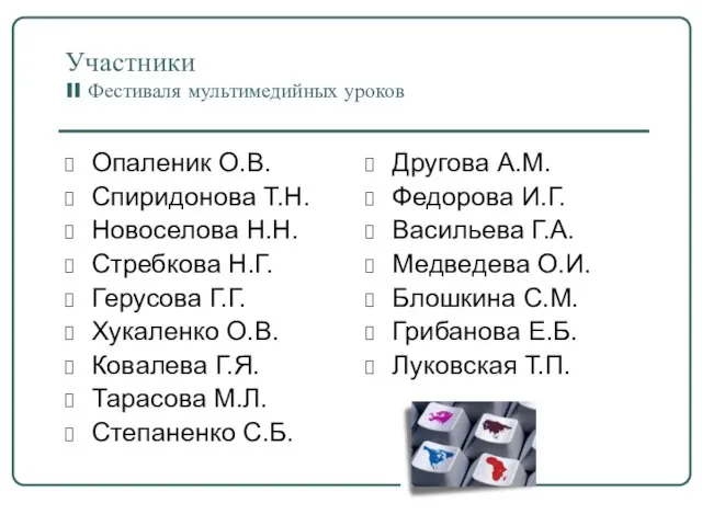 Участники II Фестиваля мультимедийных уроков Опаленик О.В. Спиридонова Т.Н. Новоселова Н.Н. Стребкова