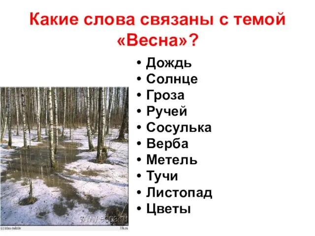 Какие слова связаны с темой «Весна»? Дождь Солнце Гроза Ручей Сосулька Верба Метель Тучи Листопад Цветы