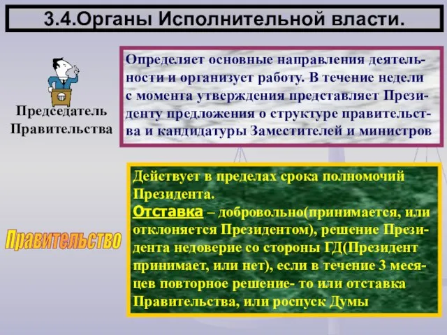 3.4.Органы Исполнительной власти. Председатель Правительства Определяет основные направления деятель- ности и организует